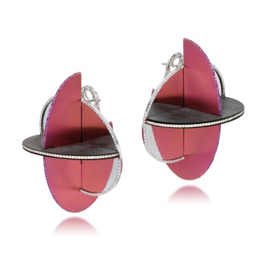 View full screen - View 1 of Lot 1041. Pair of carbon fibre, pink titanium, white gold, pink sapphire and diamond earrings .