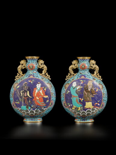 View full screen - View 1 of Lot 246. A pair of cloisonné enamel 'eight immortals' moon flasks, Late Ming / Early Qing dynasty .