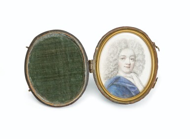 View full screen - View 1 of Lot 115. An oval miniature on paper representing a young man, within fitted leather case, England, circa 1700.