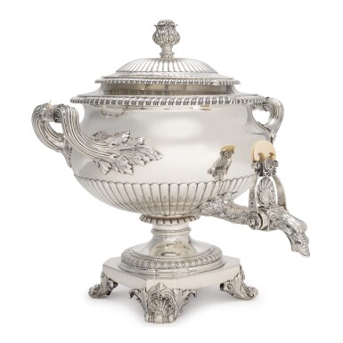 View full screen - View 1 of Lot 129. A REGENCY SILVER TEA URN, PAUL STORR, LONDON, 1818.