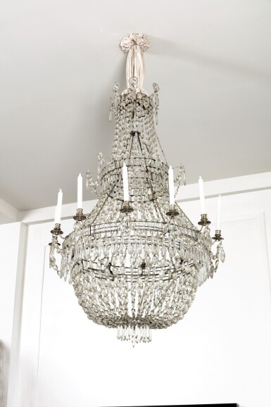 View full screen - View 1 of Lot 28. A neoclassical style silver gilt metal and cut glass chandelier, 19th century.