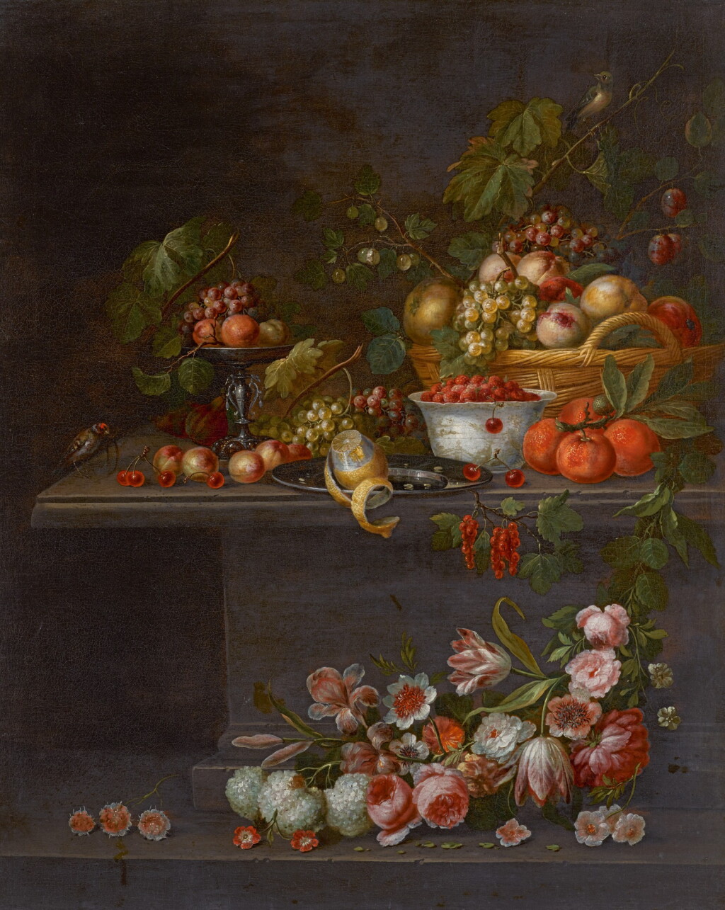 View full screen - View 1 of Lot 77. THE PSEUDO-SIMONS | A STILL LIFE WITH A BASKET OF FRUIT, PEACHES AND GRAPES ARRANGED IN A TAZZA, FRAISES-DE-BOIS IN A KLAPMUTS, A PEELED LEMON, AND A CHAFFINCH ALL ON A STONE PLINTH, WITH ROSES, TULIPS, GUELDER-ROSES, IRISES AND PEONIES ON THE GROUND BELOW.