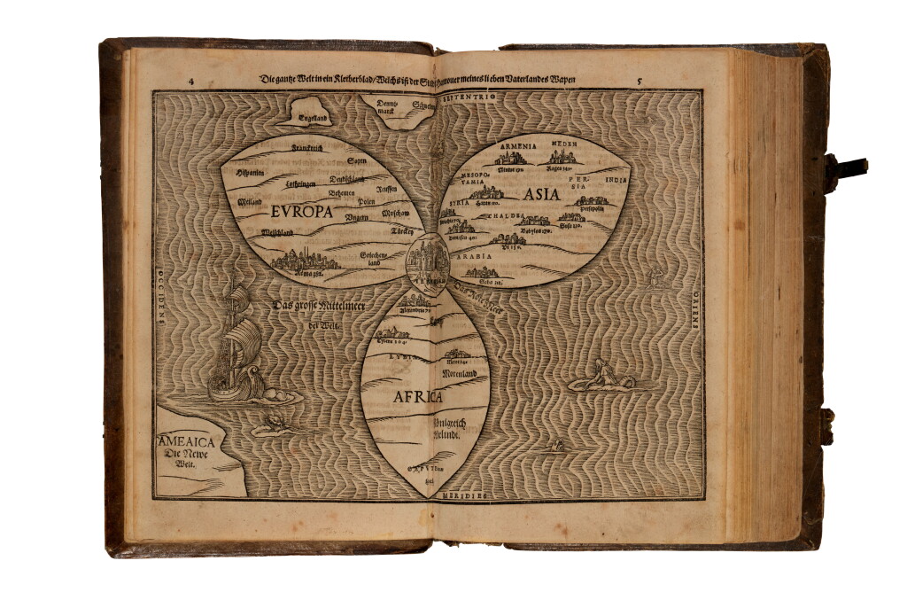 View full screen - View 1 of Lot 1074. Bünting, Heinrich | Itinerarium Sacrae Scripturae, 1588, with three celebrated figural maps.