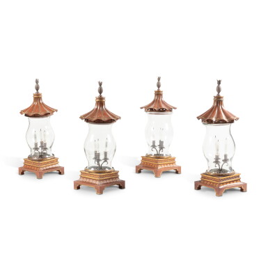View full screen - View 1 of Lot 142. A set of four glass-red lacquered metal and glass chinoiserie three-light hurricane shades, modern, attributed to maison Jansen | Ensemble de quatre lanternes à trois lumières en tôle laquée et verre, milieu XXe siècle, attribué à la maison Jansen.