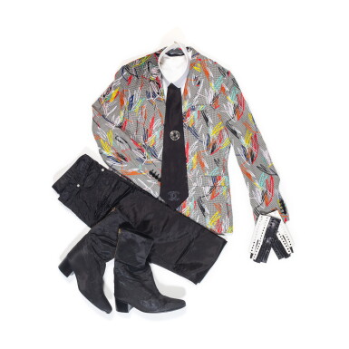 View full screen - View 1 of Lot 56. Karl Lagerfeld’s Total Look 6 "Star Man" : Dior, Black Blazer, Jeans and Belt; Hilditch and Key, Matching Stripes Shirt, Tie and Collar; Chanel, bi-colour Gloves and Accessories & Massaro, Satin Boots.