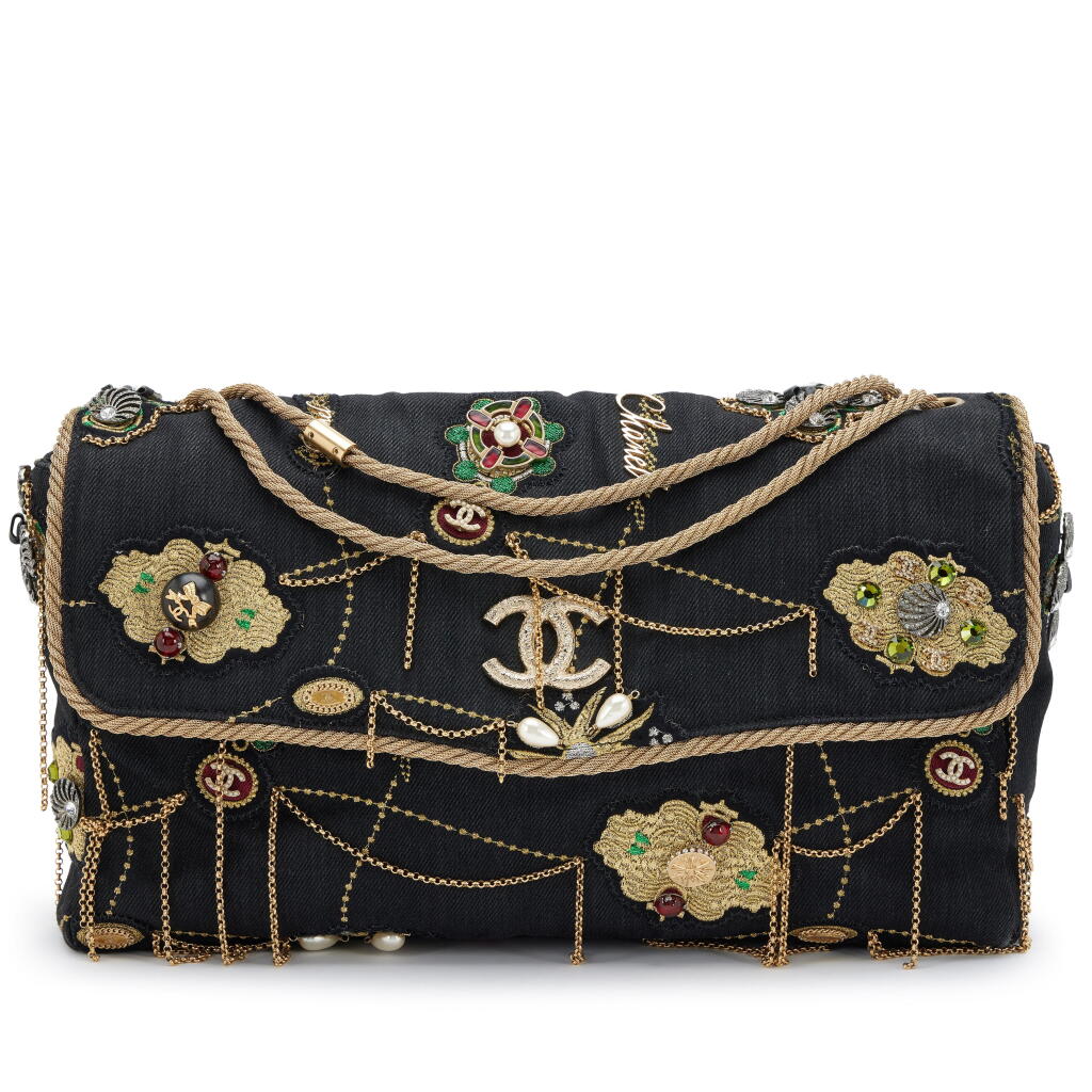 View full screen - View 1 of Lot 145. Black Denim Embellished Runway Prototype Jumbo Single Flap, 2008-2009 .