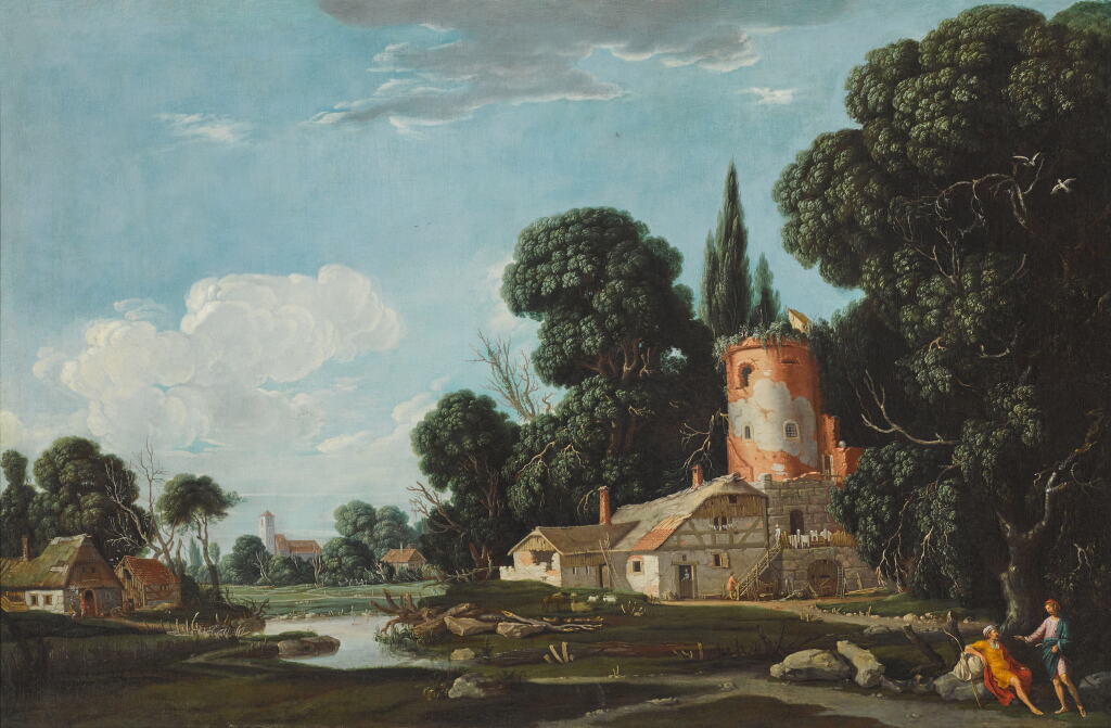 View full screen - View 1 of Lot 39. A landscape with a farm and tower.
