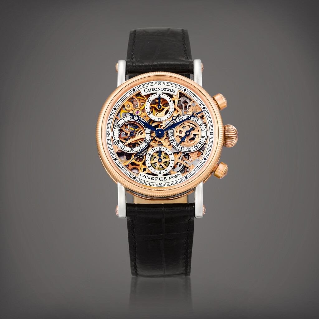 View full screen - View 1 of Lot 8819. Opus, Reference CH 7522 | A pink gold and stainless steel skeletonised chronograph wristwatch with date, Circa 2007 | Opus 型號CH 7522 | 粉紅金及精鋼鏤空計時腕錶,備日期顯示,約2007年製.