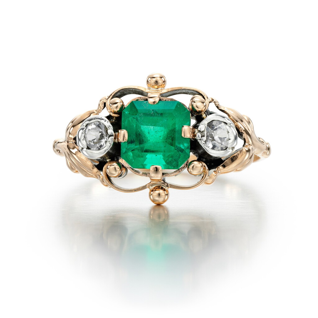 View full screen - View 1 of Lot 328. EMERALD AND DIAMOND RING.