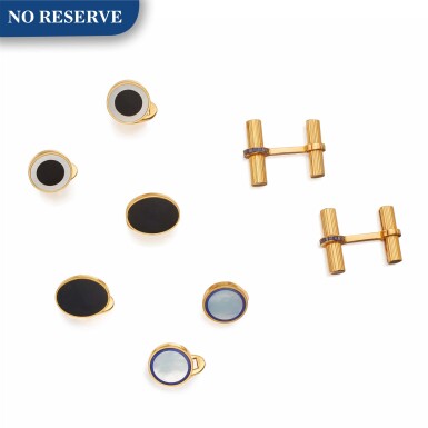 View full screen - View 1 of Lot 322. Tiffany & Co. | Four Pairs of Gold, Hardstone, Mother-of-Pearl and Gem-Set Cufflinks.