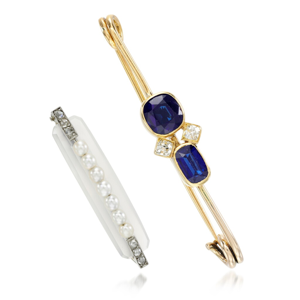 View full screen - View 1 of Lot 190. Chalcedony, seed pearl and diamond brooch, Georges L'Enfant and a sapphire and diamond brooch, circa 1910.