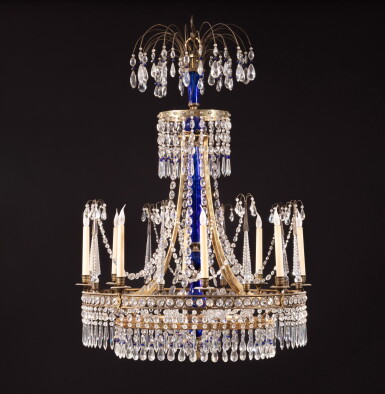 View full screen - View 1 of Lot 71. A gilt bronze, cut crystal and blue glass chandelier, Northern European work, 19th century | Lustre en bronze doré, cristal taillé et verre bleu, travail du nord de l'Europe, XIXeme siècle.