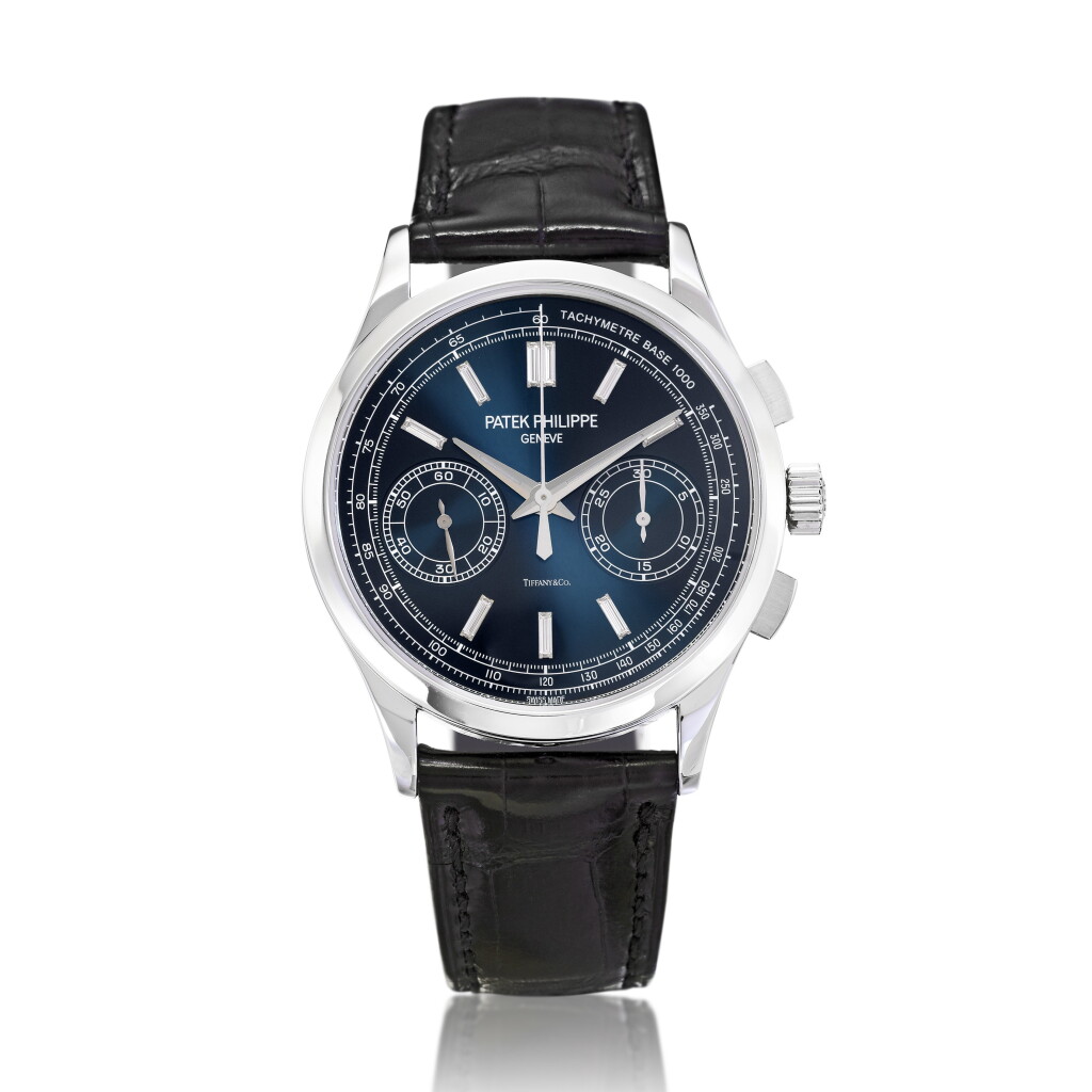 View full screen - View 1 of Lot 28. Reference 5170P-001, Retailed by Tiffany & Co.: A platinum and diamond set chronograph wristwatch, Circa 2018 百達翡麗 5170P-001型號鉑金及鑽石計時腕錶,約2018年製,零售商為蒂芙尼.