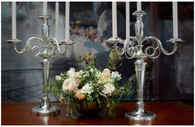 View full screen - View 1 of Lot 36. A PAIR OF GEORGE III SILVER FOUR-LIGHT CANDELABRA AFTER A DESIGN BY JEAN-GUILLAUME MOITTE, BRITANNIA STANDARD, PAUL STORR, LONDON, 1797-98.