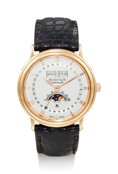 View full screen - View 1 of Lot 8224. BLANCPAIN | VILLERET TRIPLE DATE, A YELLOW GOLD TRIPLE CALENDAR WRISTWATCH WITH MOON PHASES, CIRCA 1995.