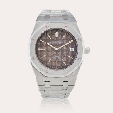 View full screen - View 1 of Lot 12. Reference 5402ST Royal Oak ‘C-Series’ | A stainless steel automatic wristwatch with date, bracelet, and tropical dial, Circa 1980.