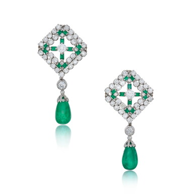 View full screen - View 1 of Lot 319. Pair of Emerald and Diamond Pendant-Earclips.