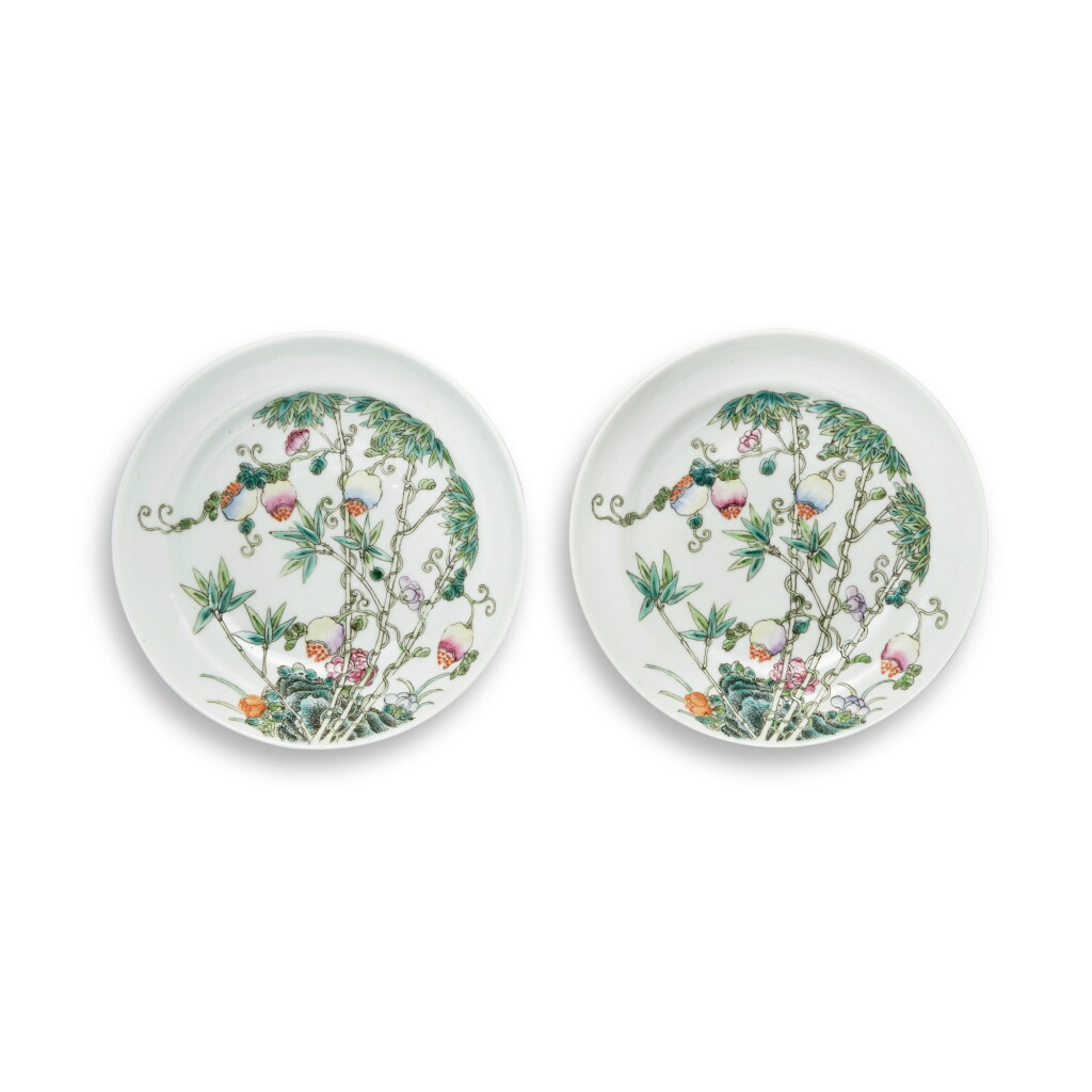 View full screen - View 1 of Lot 34. A pair of famille-rose 'balsam pear' dishes, 20th century | 二十世紀 粉彩竹藤癩瓜紋小盤一對.
