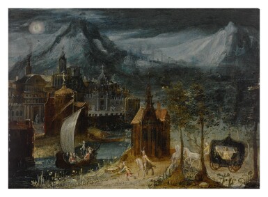 View full screen - View 1 of Lot 619. River landscape with an elegant company in the foreground.