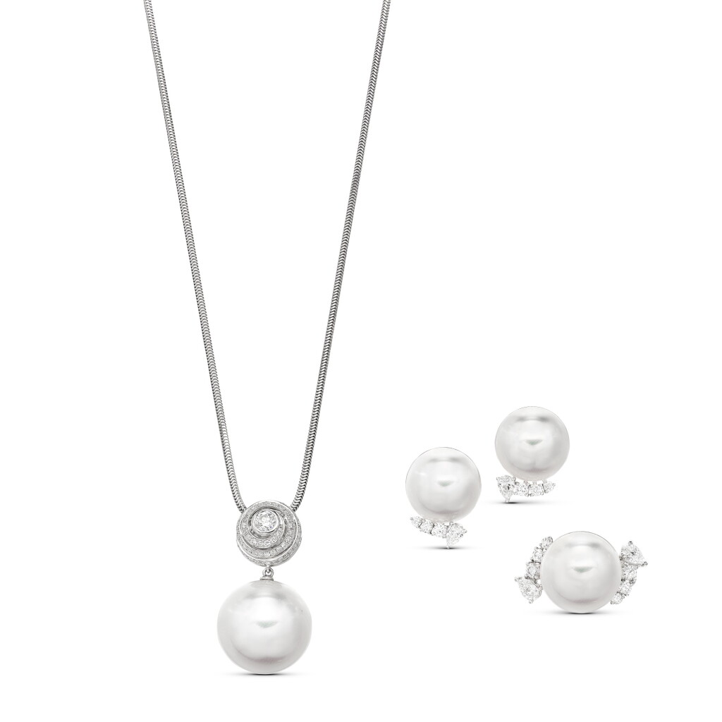 View full screen - View 1 of Lot 1415. Cultured Pearl and Diamond Demi-Parure | 養殖珍珠 配 鑽石 項鏈 配 戒指 及 耳環套裝.