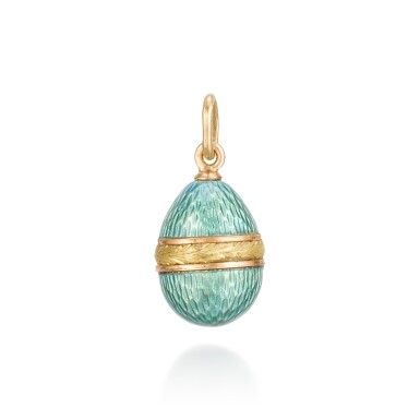 View full screen - View 1 of Lot 111. A Fabergé two-colour gold and guilloché enamel egg pendant, workmaster August Hollming, St Petersburg, 1899-1903.