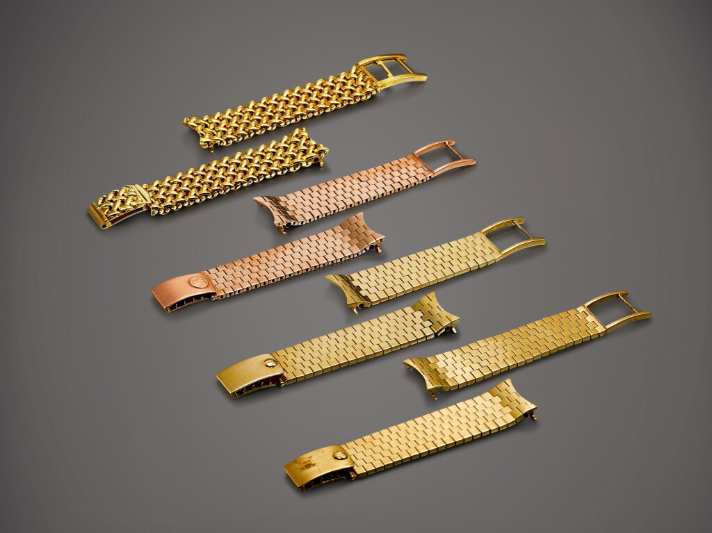 View full screen - View 1 of Lot 2003. A group of four gold bracelets, three made by Patek Philippe and one unsigned, Circa 1950 to 1960 | 百達翡麗及法國製 | 四條金鏈帶,三條由百達翡麗打造,一條未署名,約1950到1960年製.