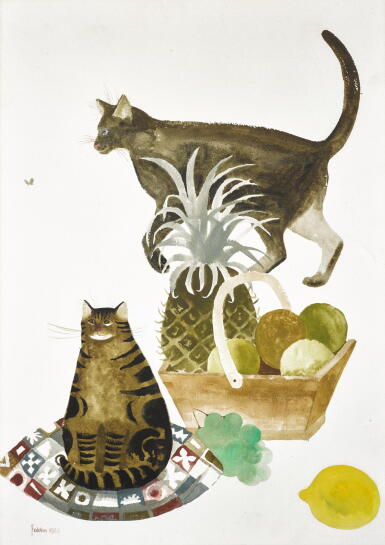 View full screen - View 1 of Lot 170. MARY FEDDEN, R.A. | TWO CATS AND A BASKET OF FRUIT.