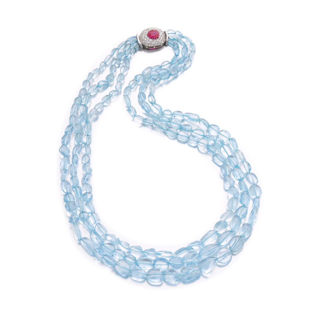 View full screen - View 1 of Lot 337. Aquamarine, ruby and diamond necklace.