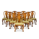 A set of ten George II carved walnut and burr walnut veneered side chairs, circa 1740, attributed to Giles Grendey