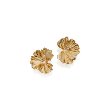 View full screen - View 1 of Lot 97. PAIR OF ALUMINUM 'GERANIUM' EARCLIPS, JAR, PARIS.