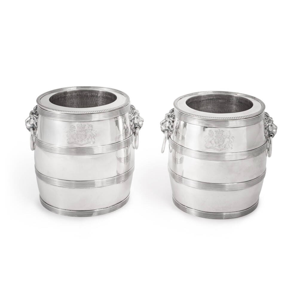 View full screen - View 1 of Lot 27. ROYAL: A Pair of George III Silver Wine Coolers, William Hall, London, 1800.