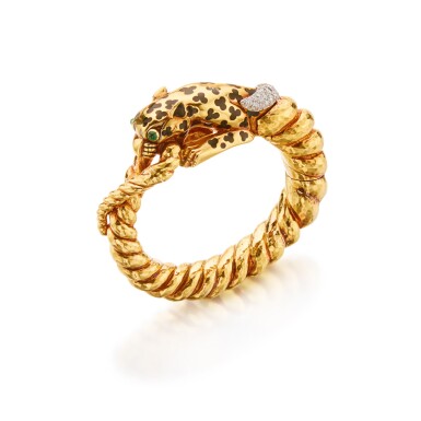 View full screen - View 1 of Lot 276. Gold, Diamond, Emerald and Enamel Bracelet.