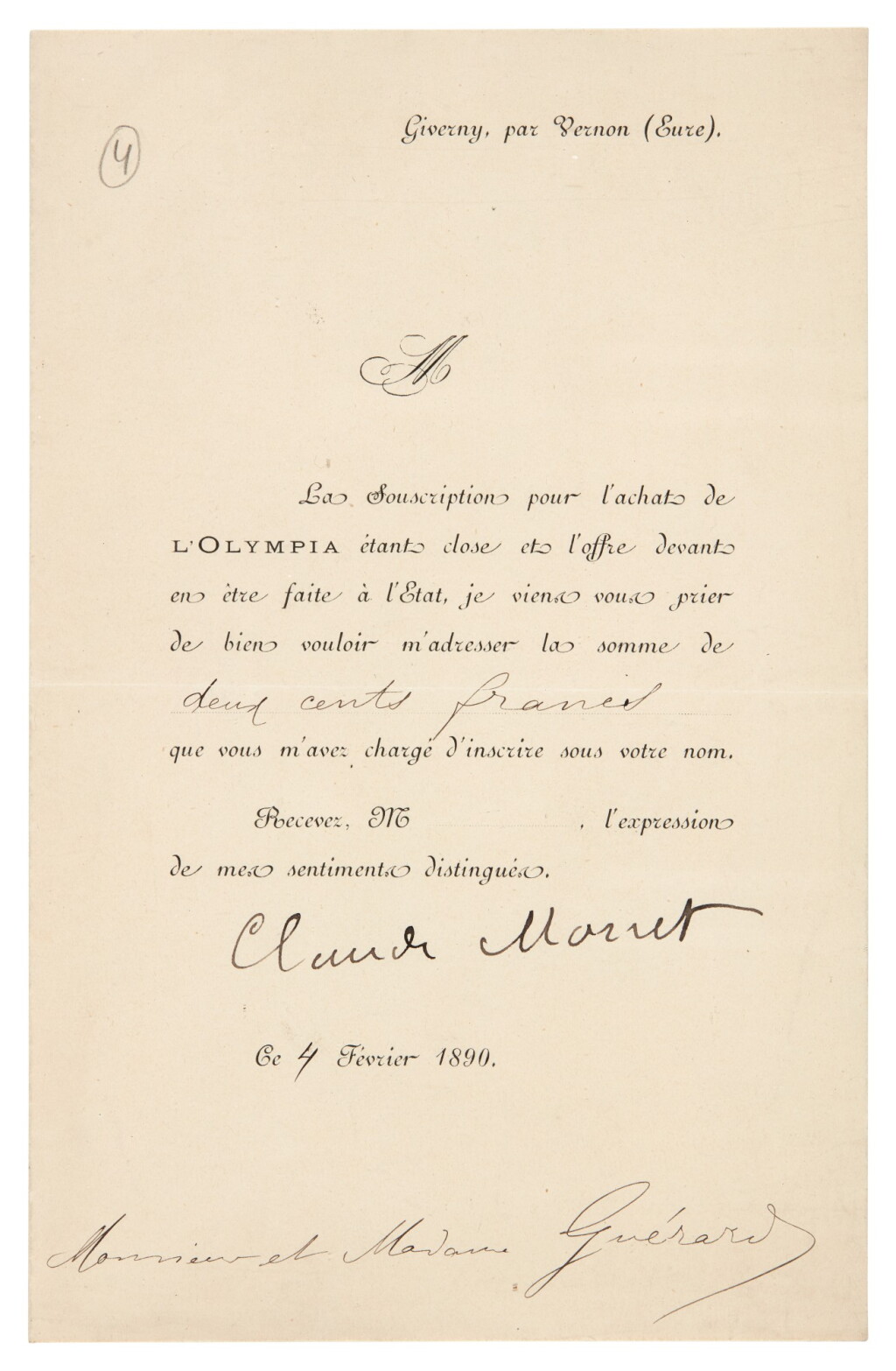 View full screen - View 1 of Lot 103. Claude Monet | Printed letter signed, to Henri Charles Guerard, on the purchase of Manet's Olympia, 1890.
