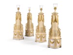 A SUITE OF FOUR PARCEL-GILT WHITE PAINTED COLUMNS WITH LAMPS BY GEORGES GEFFROY, CIRCA 1950, FOR ARTURO LOPEZ-WILLSHAW | SUITE DE QUATRE COLONNES FORMANT LAMPES EN BOIS SCULPTÉ LAQUÉ BLANC ET DORÉ PAR GEORGES GEFFROY, VERS 1950, POUR ARTURO LOPEZ-WILLSHAW