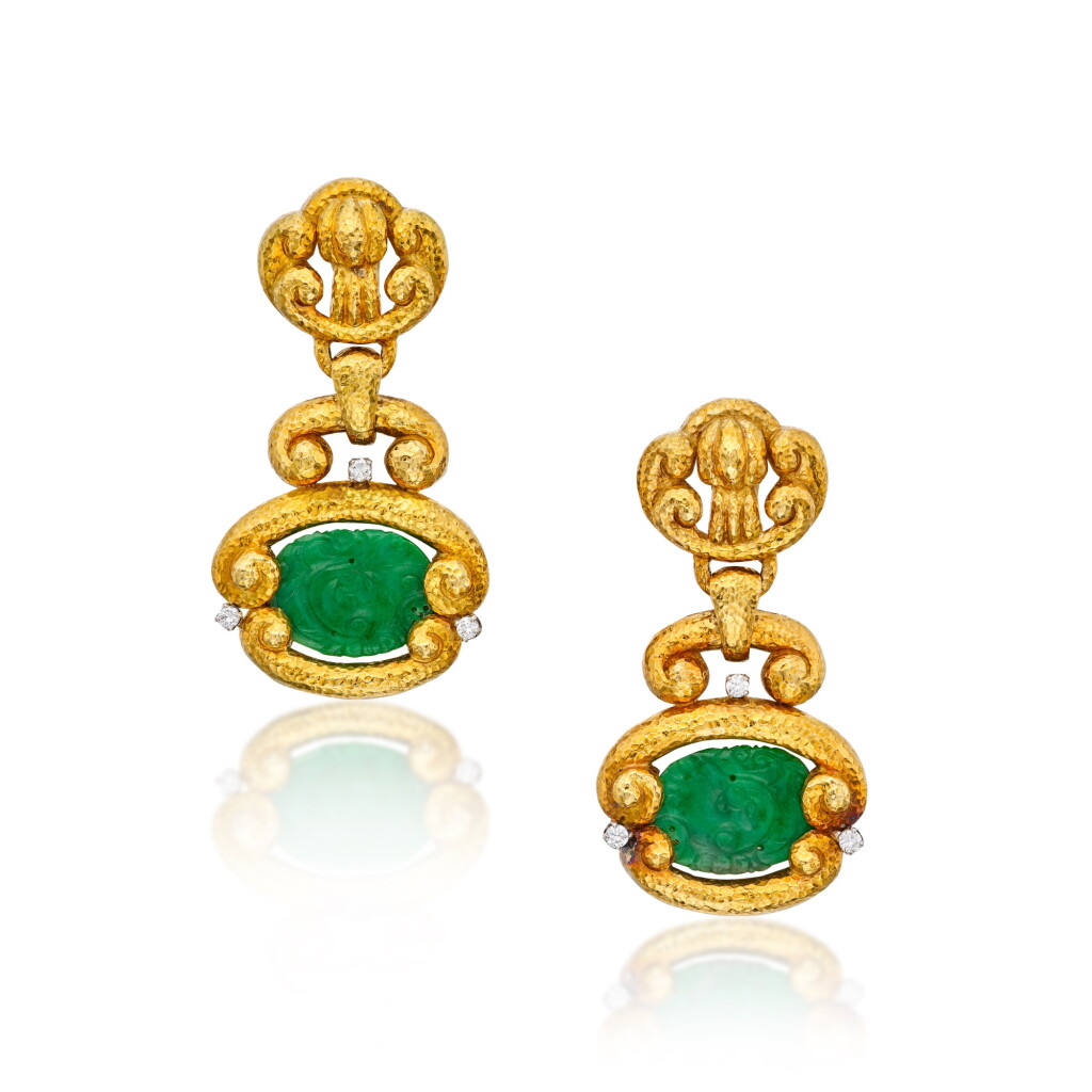 View full screen - View 1 of Lot 484. Pair of Gold, Jade and Diamond Pendant-Earclips.