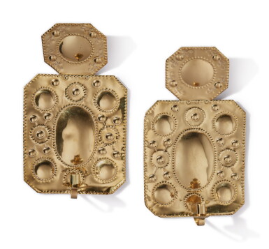 View full screen - View 1 of Lot 104. Pair of Dutch Baroque Repousse Brass Candle Wall Sconces, Early 18th century.
