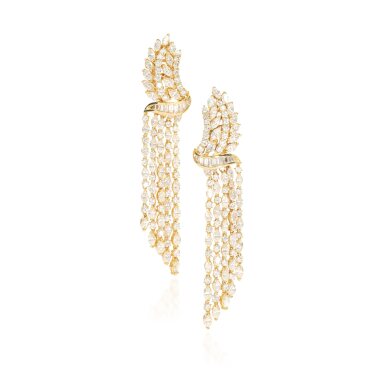 View full screen - View 1 of Lot 884. Pair of diamond pendent earrings.