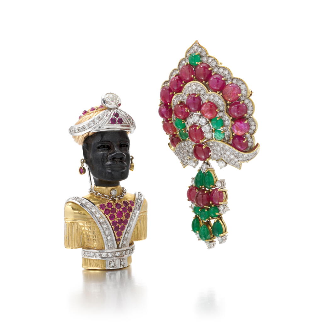 View full screen - View 1 of Lot 163. Wood, diamond, ruby and emerald brooches | Due spille in legno, smeraldi, rubini e diamanti.