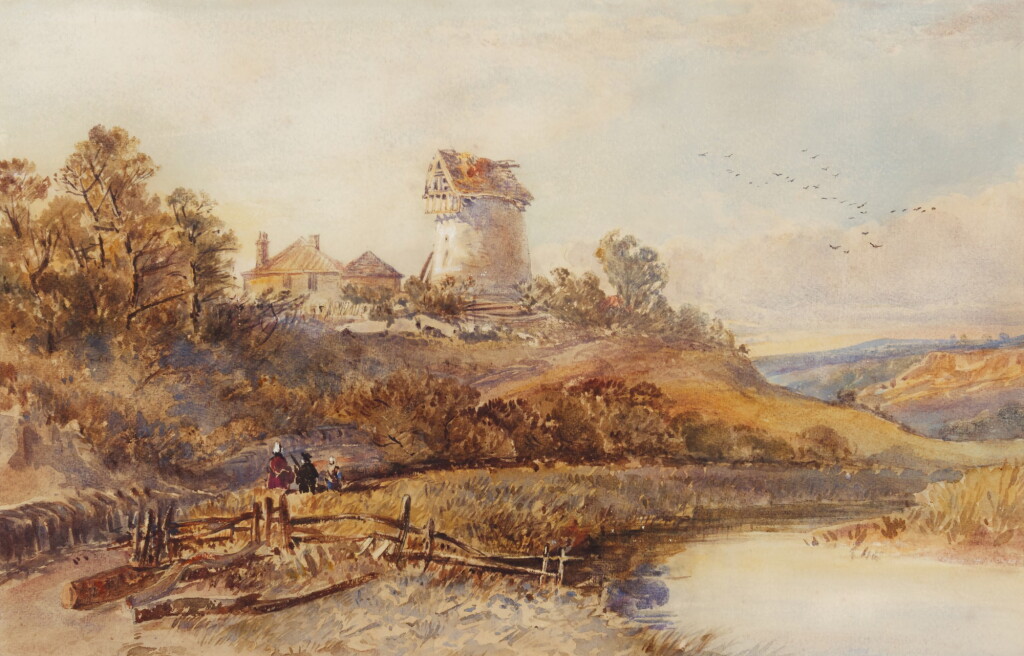 View full screen - View 1 of Lot 651. DAVID COX THE YOUNGER, A.R.W.S. | River landscape with windmill.