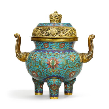 View full screen - View 1 of Lot 58. A cloisonné enamel tripod censer and cover, Mark and period of Qianlong | 清乾隆 掐絲琺瑯纏枝蓮紋象耳三足爐配蓋 《乾隆年製》款.