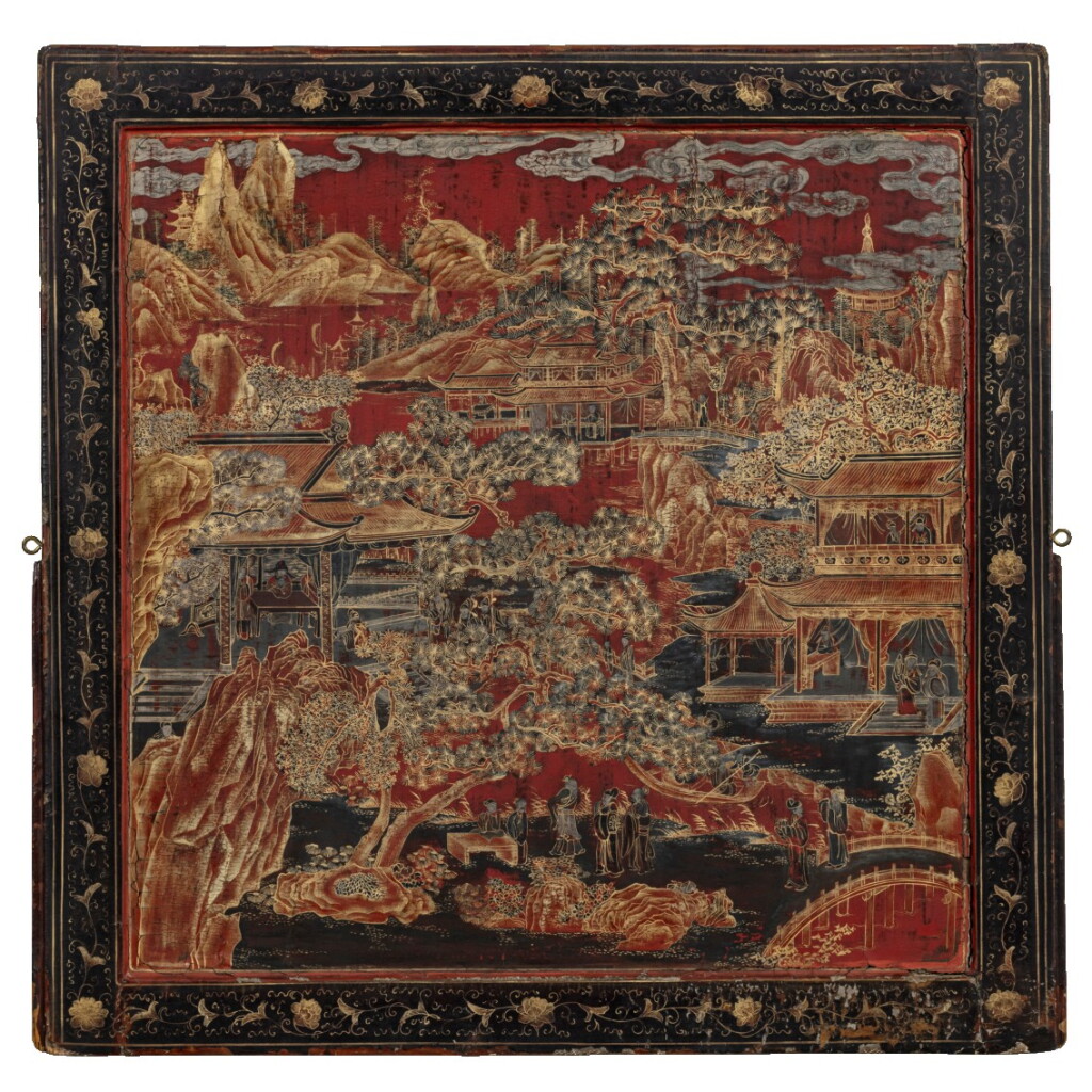 View full screen - View 1 of Lot 91. Grand écran de lettré en laque polychrome et doré incrusté de nacre Dynastie Qing, époque Kangxi | 清康熙 描金彩繪嵌螺鈿山水樓閣圖雙面插屏 | A large lacquer-gilt and mother-of-pearl inlaid figural screen panel, Qing Dynasty, Kangxi period.