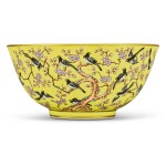 A yellow-ground famille-rose 'magpie and prunus' bowl, Mark and period of Tongzhi | 清同治 黃地粉彩喜上眉梢紋盌 《同治年製》款