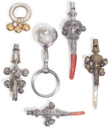 View full screen - View 1 of Lot 350. Five silver baby's rattles and a mother-of-pearl example.