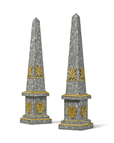 View full screen - View 1 of Lot 91. A pair of Italian gilt-bronze mounted granite obelisks, in Neoclassical style.