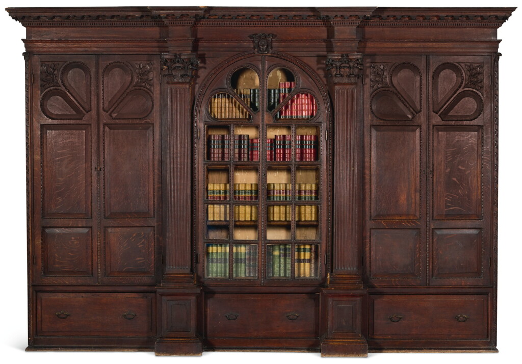 View full screen - View 1 of Lot 70. A GEORGE II OAK BOOKCASE OF ARCHITECTURAL FORM, PRINCIPALLY 18TH CENTURY.