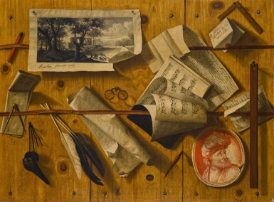 View full screen - View 1 of Lot 436. Trompe l'œil still life of letters, sheet music, an engraving, a drawing and writing implements affixed to a wooden board.