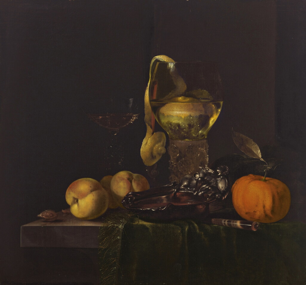View full screen - View 1 of Lot 28. Still life with an orange, peaches, a walnut, a silver bowl, and a peeled lemon in a roemer, all upon a stone tabletop draped with green velvet.