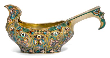 View full screen - View 1 of Lot 414. A SILVER-GILT AND CLOISONNÉ ENAMEL KOVSH, 11TH ARTEL, MOSCOW, 1908-1917.