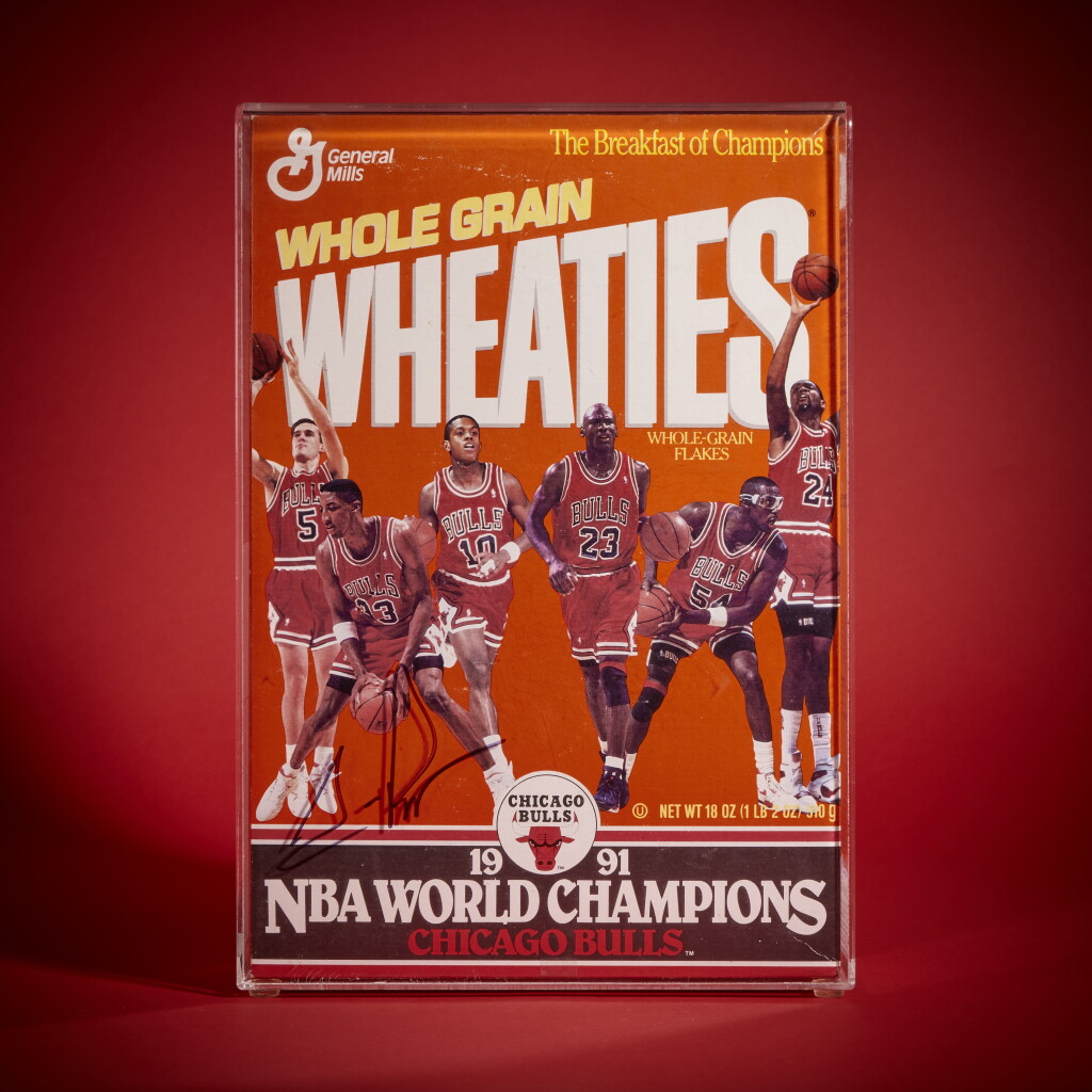 View full screen - View 1 of Lot 11. 1991 Chicago Bulls NBA World Champions Wheaties Box | Signed by Scottie Pippen.
