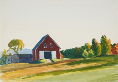 View full screen - View 1 of Lot 434. Red Barn in Autumn Landscape.